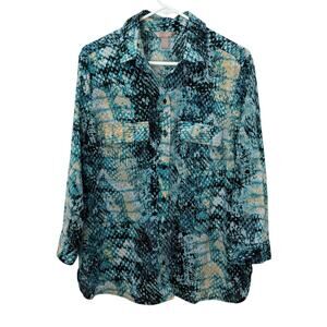 Women Button Down Blue Snakeskin Print Blouse – Size Large